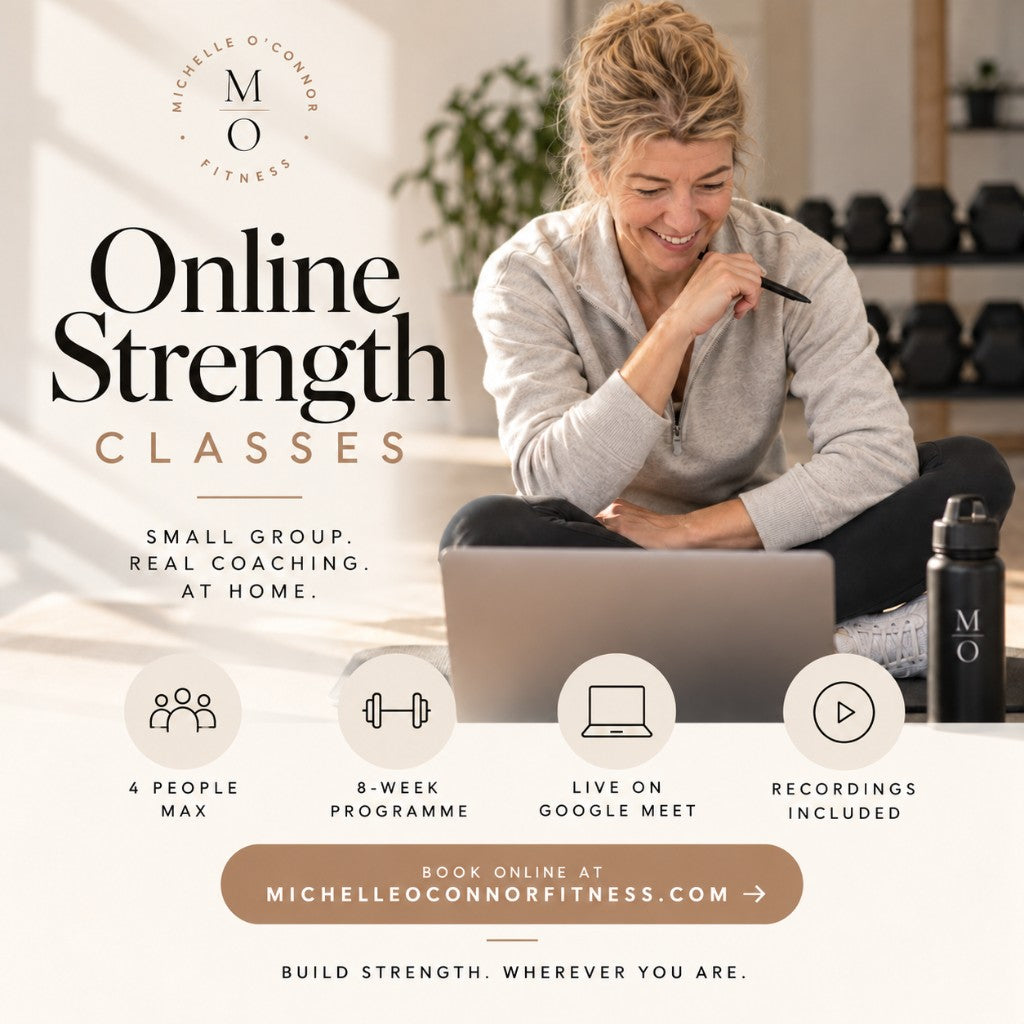 Online Strength Classes. Small group. Real coaching. At home. Four people max, eight-week programme, live on Google Meet, recordings included.